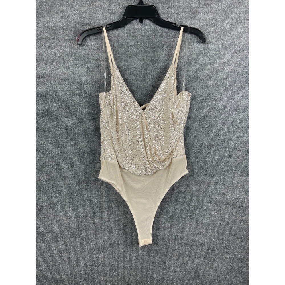 Chocolate USA Sequin Bodysuit Women L Champagne Excellent Wrap V-Neck Mesh Thong